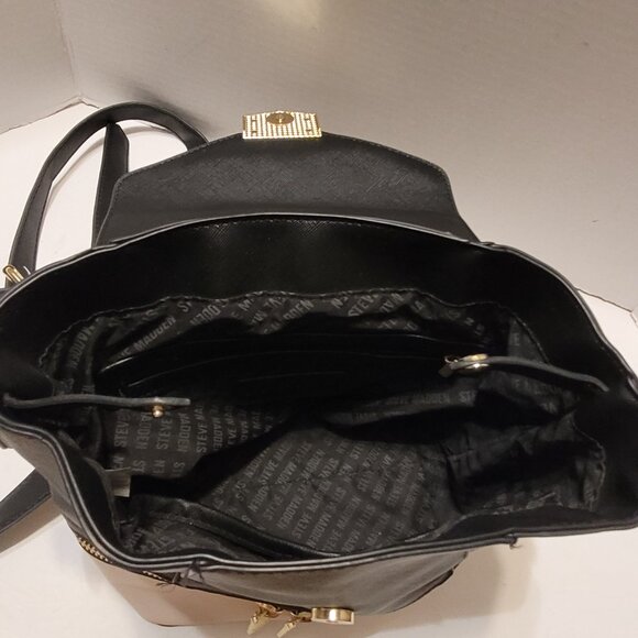 Steve Madden Backpack Purse Black and Cream inside pockets Bag - Picture 7 of 14
